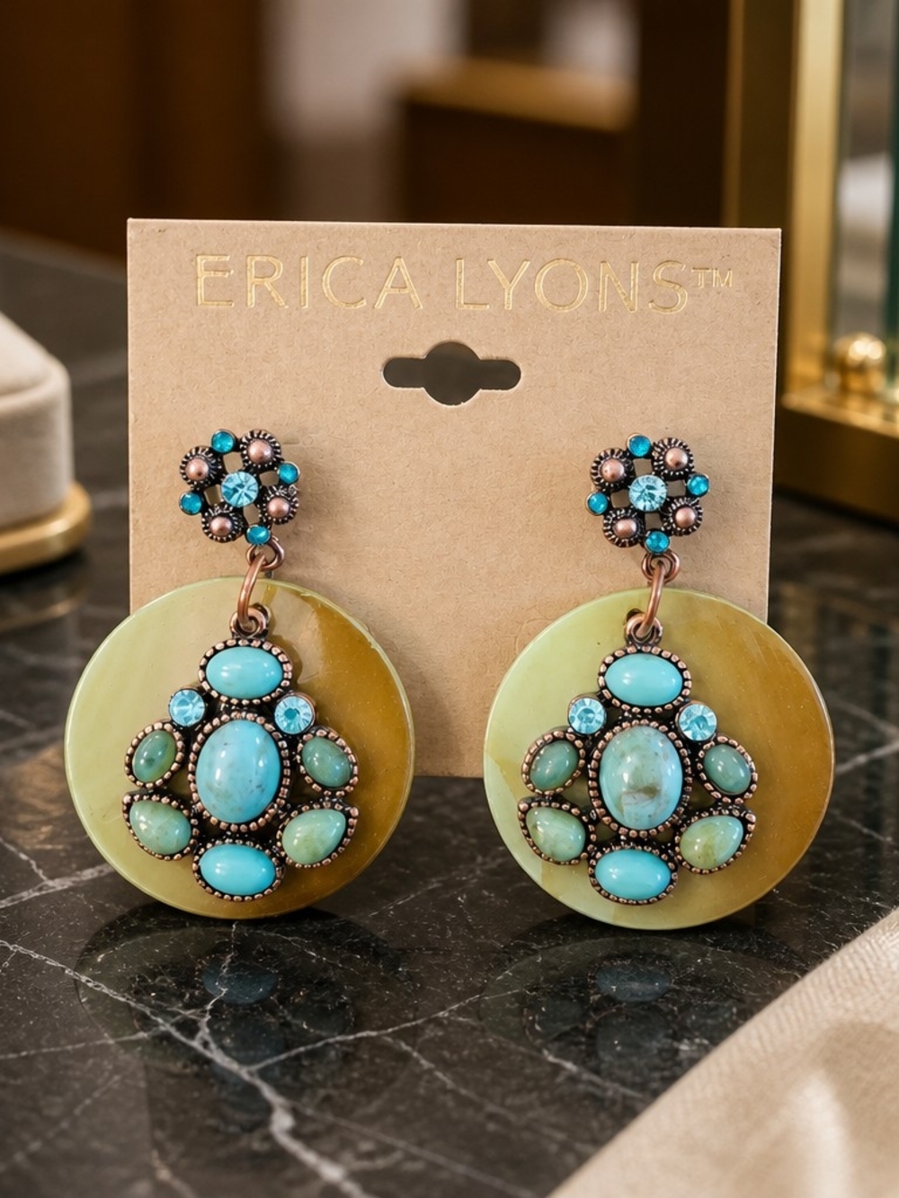 Erica Lyons Turquoise and Olive Drop Statement Earrings